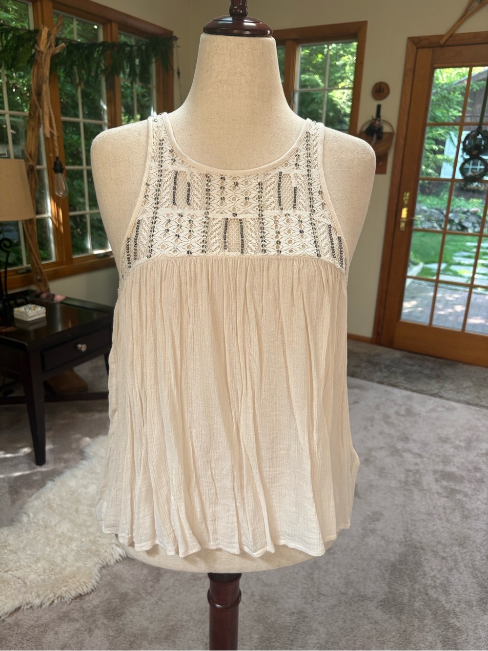 Hollister Cream Crochet Beaded Yoke Flowy Boho Tank Top